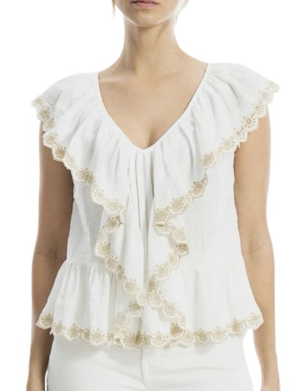 Max Studio‎ Embroidered Ruffle Sleeve V- Neck Top Size L